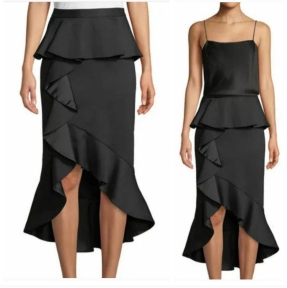 Alice + Olivia Black Alessandra Ruffled Peplum Hi-Low Skirt SIZE 2